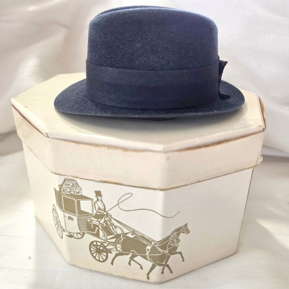 Dobbs Miniature Fedora Hat Salesman Sample Cream Box Navy Blue Hat Vintage